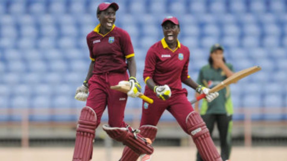 Kycia Knight and Kyshona Knight celebrate West Indies women's dramatic win