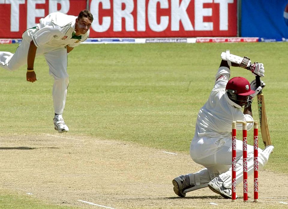 Nel in action during his ten-wicket haul in Barbados, 2005