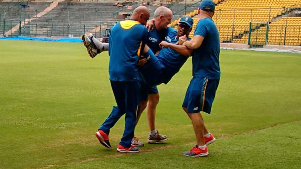 Vernon Philander had to be helped off the field after injuring himself during a training session