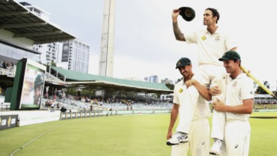 Mitchell Johnson is carried off on Mitchell Starc and Josh Hazlewood's shoulders