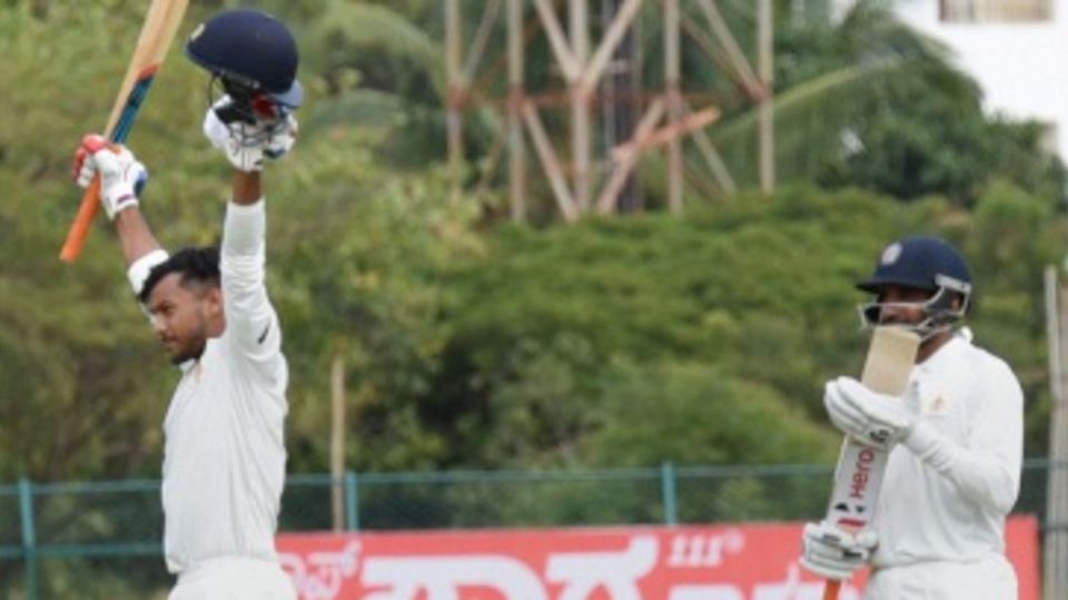 Mayank Agarwal celebrates his maiden first-class century