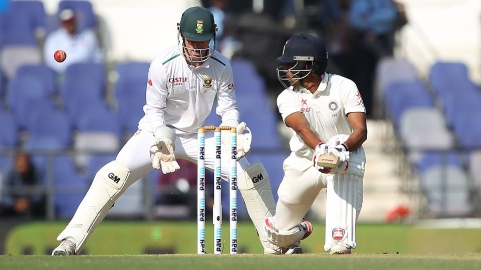 Saha fell in a unique manner, gloving the ball onto wicketkeeper Dane Vilas' boot in an attempt to play a sweep. The ball lobbed off the boot to present a simple catch to Hashim Amla at slip.