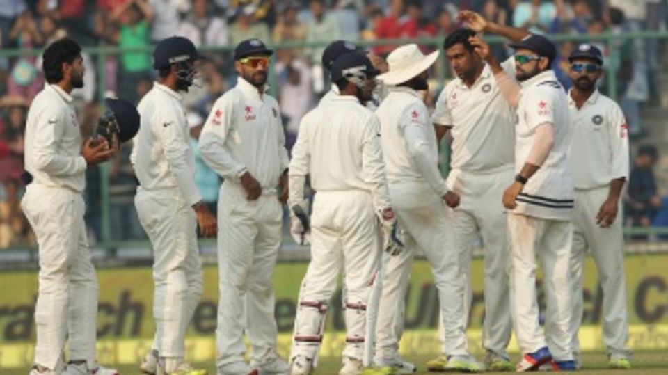 R Ashwin is congratulated on the wicket of Temba Bavuma