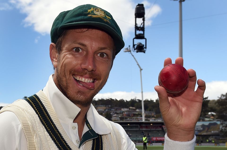 James Pattinson holds up the ball after taking a five-for against West Indies in Hobart, 2015