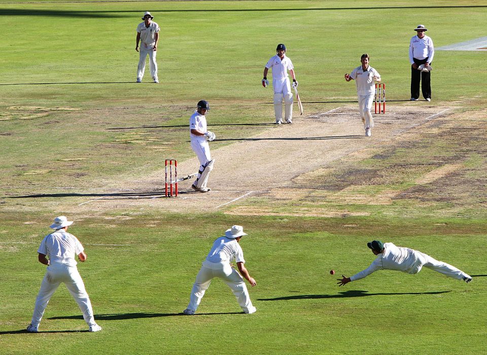 To the safe hands of AB: de Wet gets Jonathan Trott in Centurion, where he took four wickets in the second innings