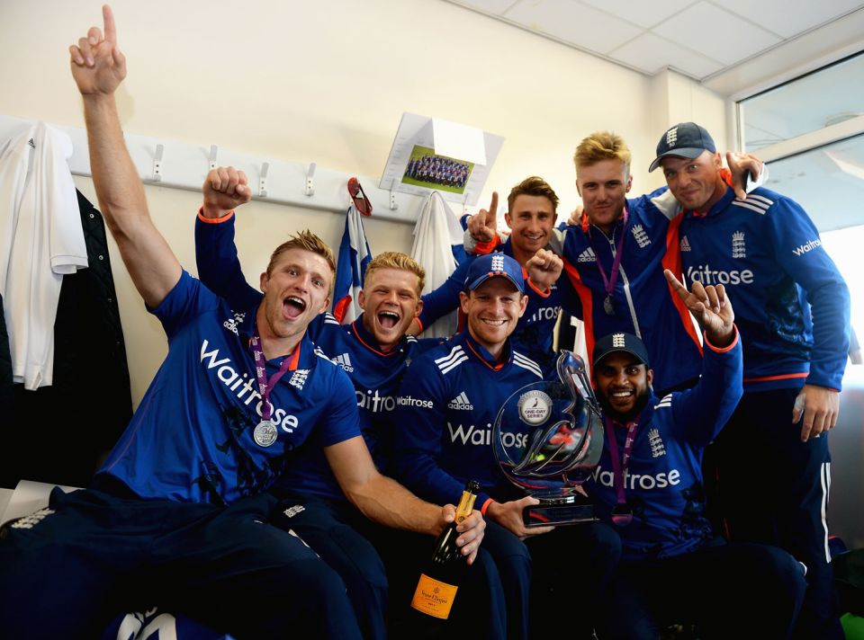 Billings (second from left) and his team-mates celebrate England's ODI series win over New Zealand in June