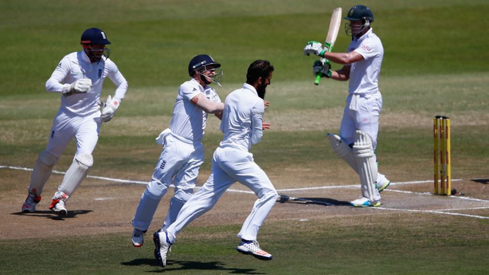 AB de Villiers was given out lbw in the first over of the day as England took a big step towards victory