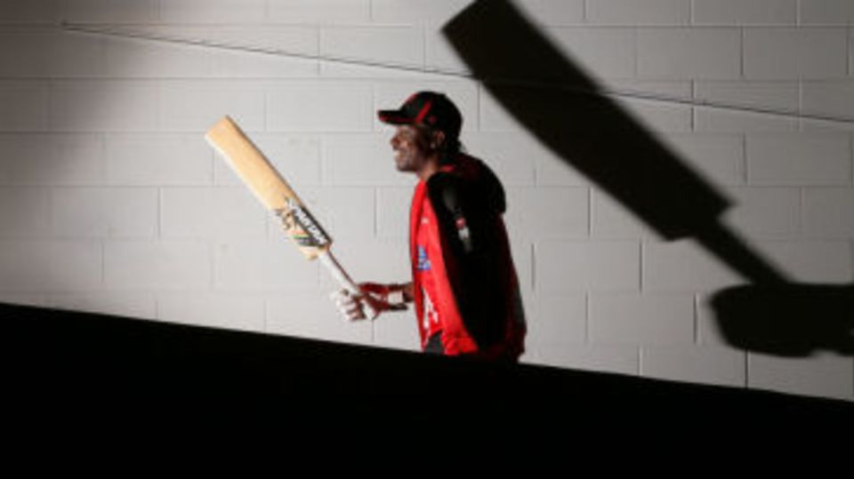 Chris Gayle and big bat, photographed at the MCG