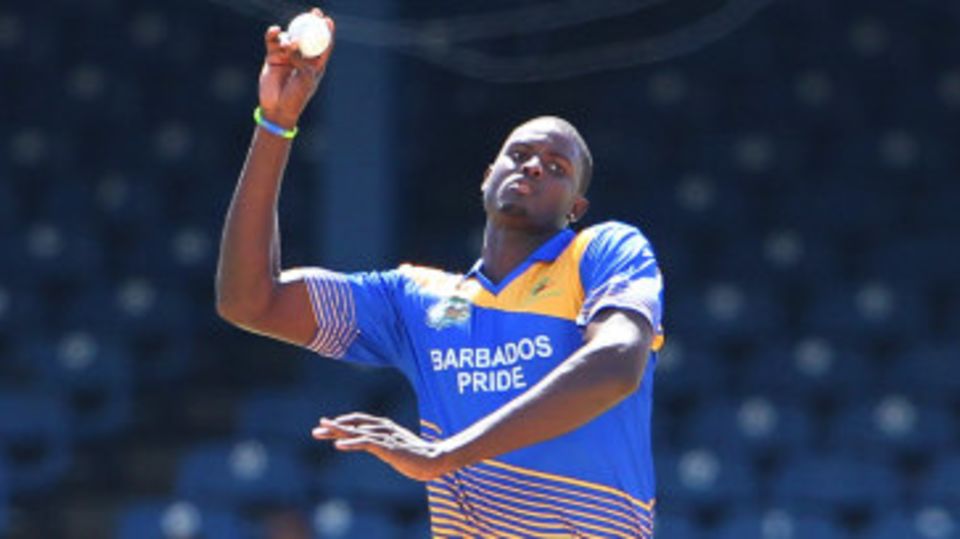 Jason Holder leaps in to deliver at the crease