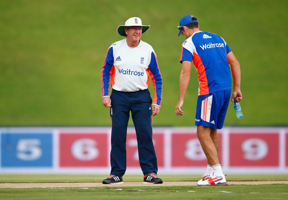 Alastair Cook inspects the pitch with Trevor Bayliss, hoping to end the series in the runs