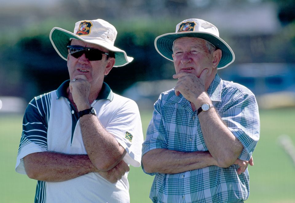 WACA fixture: Sawle (right) with Bob Simpson at a practice session on day one of the 1995 Perth Test