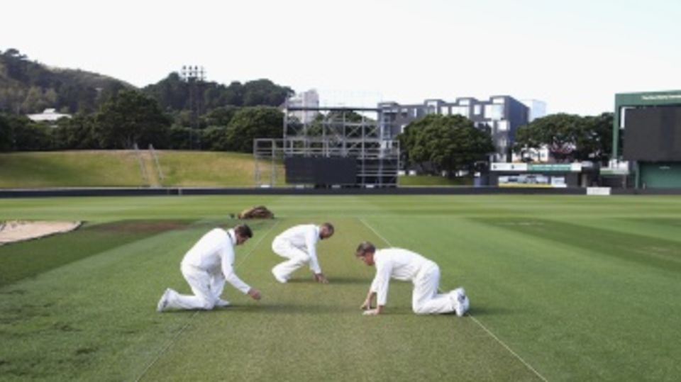 Steven Smith, Nathan Lyon and David Warner examine the pitch