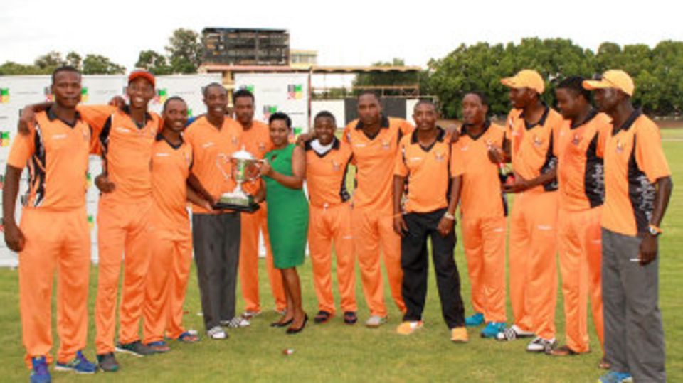The Mashonaland Eagles players pose with the series trophy