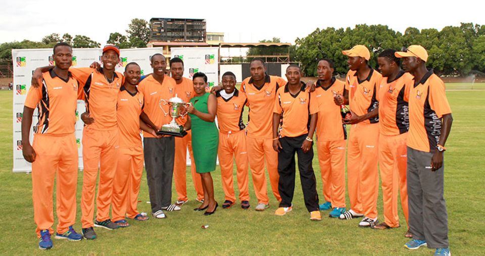The Mashonaland Eagles players pose with the series trophy