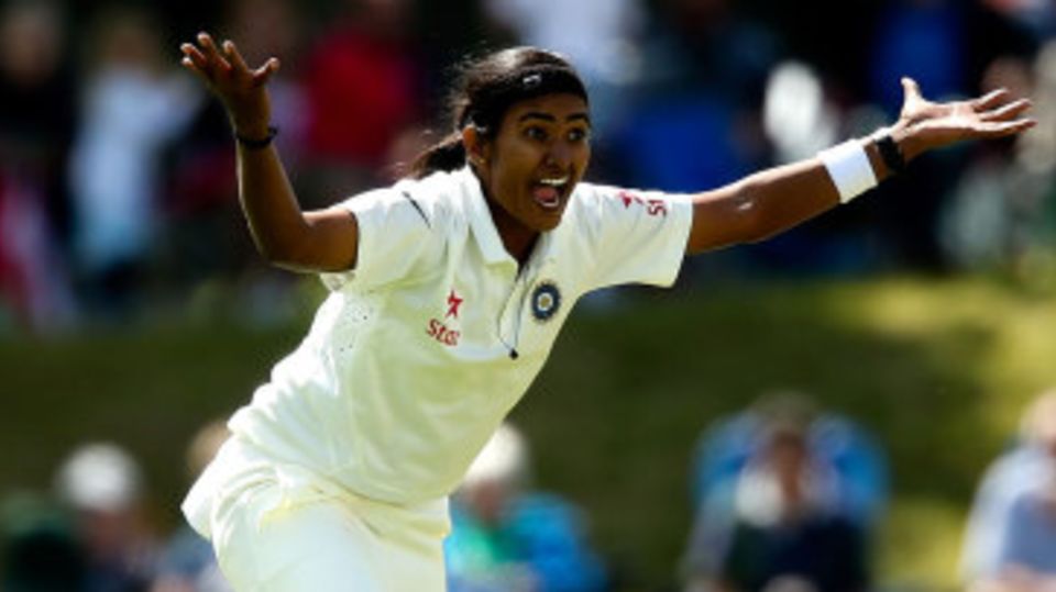 Shikha Pandey appeals for a wicket