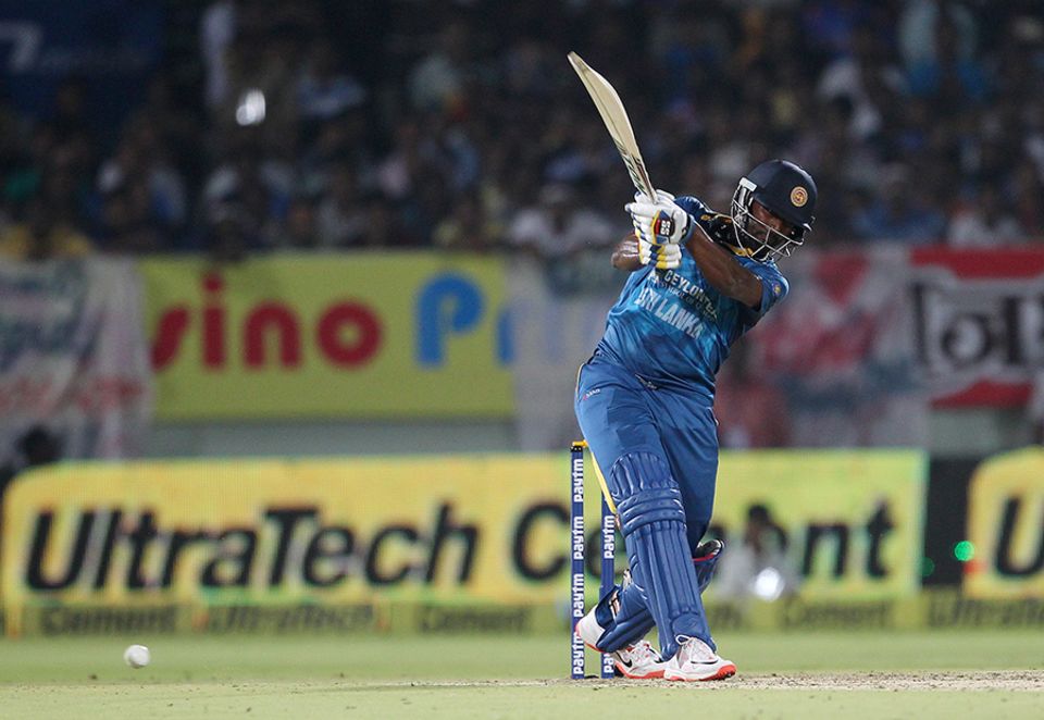 Thisara Perera scored 12, one of two Sri Lankan batsmen to score in double-figures. He fell to Suresh Raina