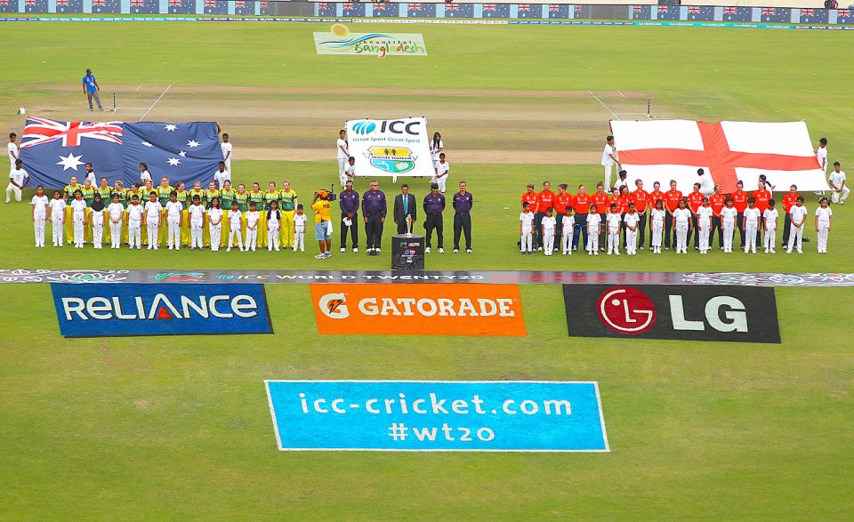 It was all yellow: since 2010, Australia (at left here before the 2014 World T20 final) have won all four global limited-overs tournaments