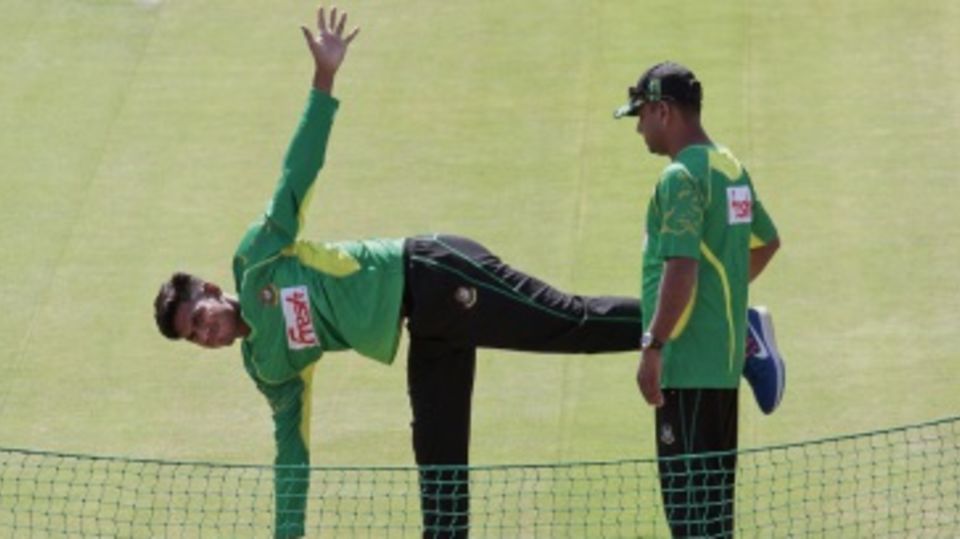 Mustafizur Rahman stretches during Bangladesh practice