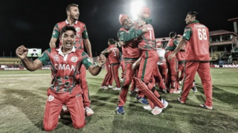 Oman players celebrate their win over Ireland