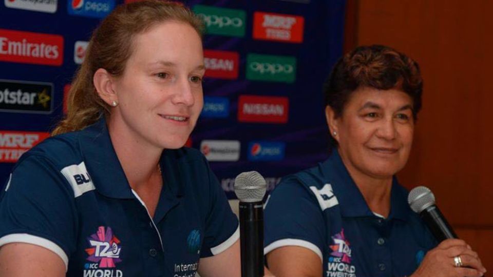 Umpires Claire Polosak and Kathy Cross speak to the media