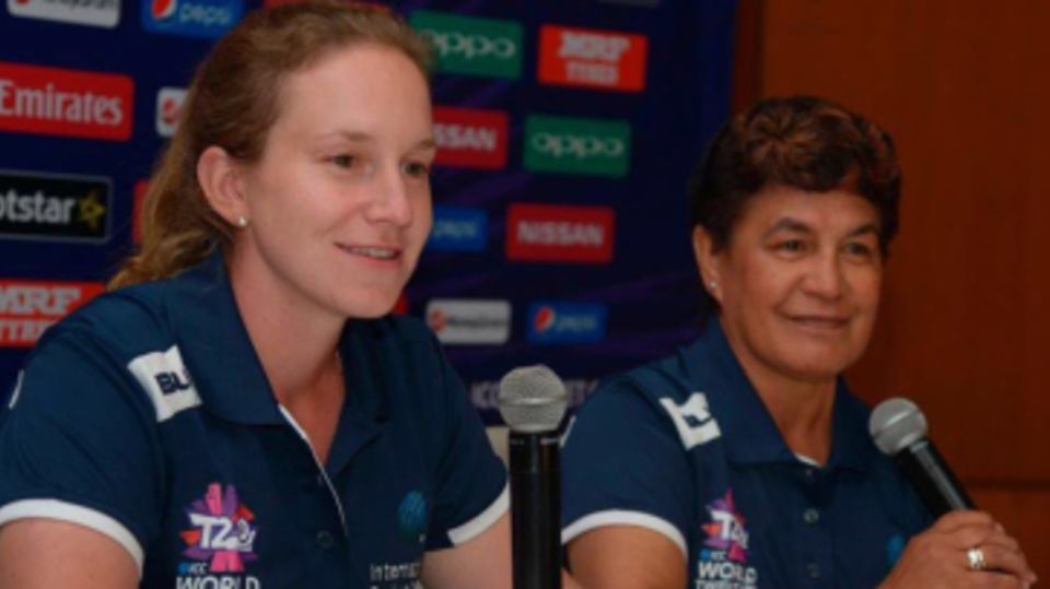 Umpires Claire Polosak and Kathy Cross speak to the media