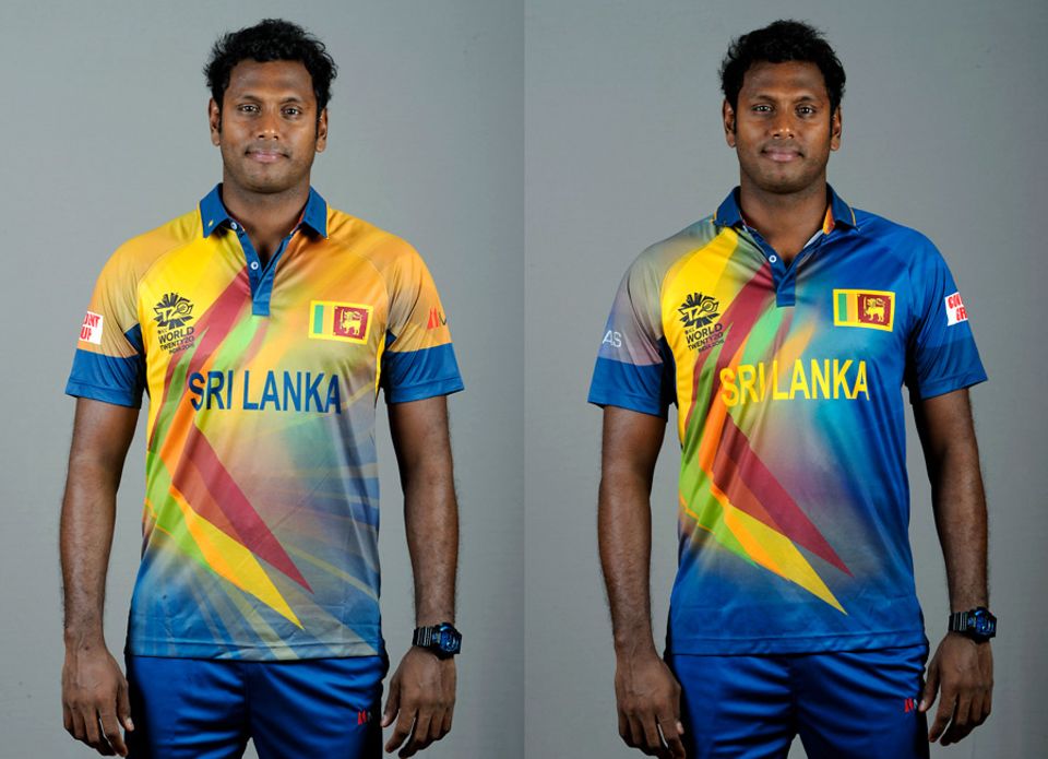 Angelo Mathews models Sri Lanka's two World T20 jerseys
