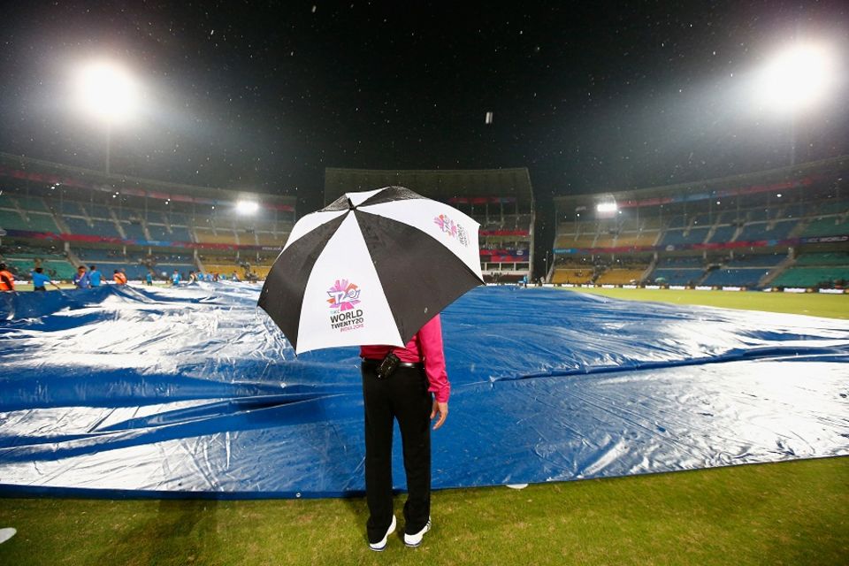 Rain interrupted play at the end of Hong Kong's innings and reduced the match to a ten-over shootout. Scotland's target was revised to 76