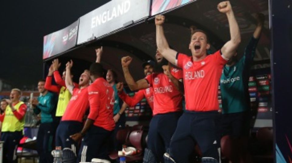 The England dugout erupts with joy after completing a seven-wicket win to reach the final