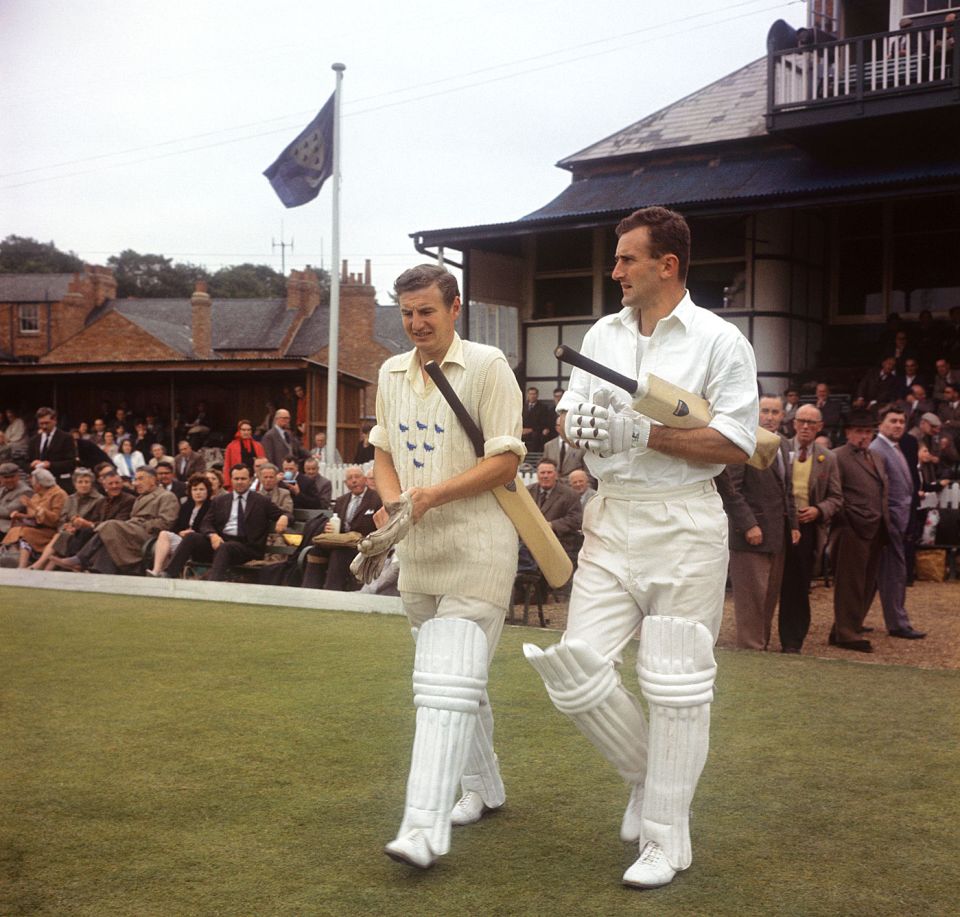 Parks walking out to bat with Ted Dexter in 1956: "I didn't keep wicket at the start of my career. I was a specialist batsman"