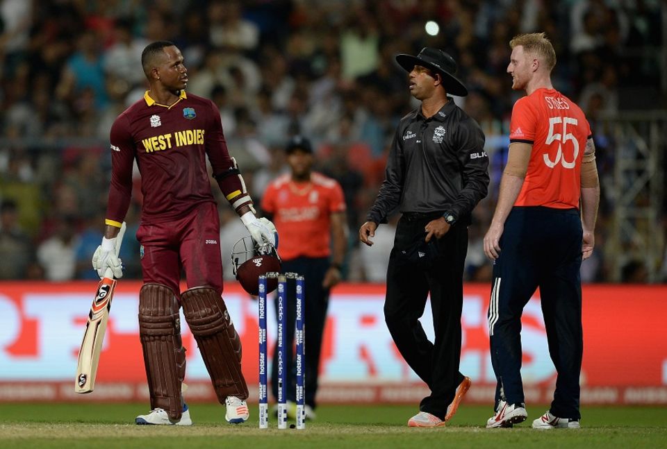 Marlon Samuels and Ben Stokes exchange words