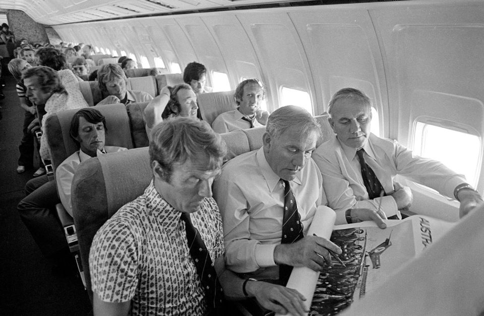 Who we gonna call? England's tour think tank, Alan Smith and Alec and Eric Bedser (from left), on the plane to Adelaide after the Perth Test