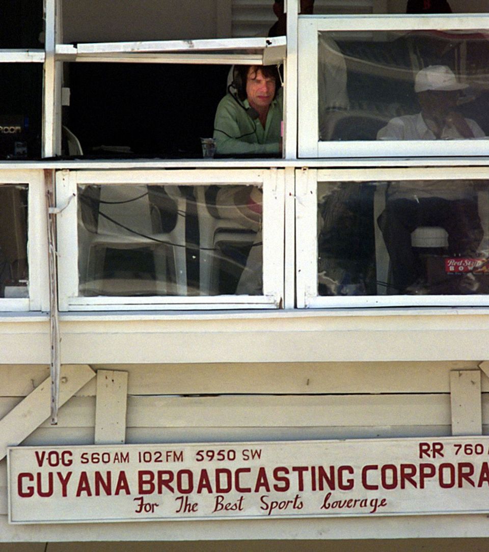 Mick Jagger does a chat with local radio at the Bourda in 1998