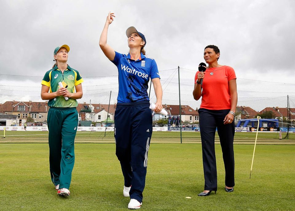 Mel Jones covers the toss at an Ashes ODI in 2015