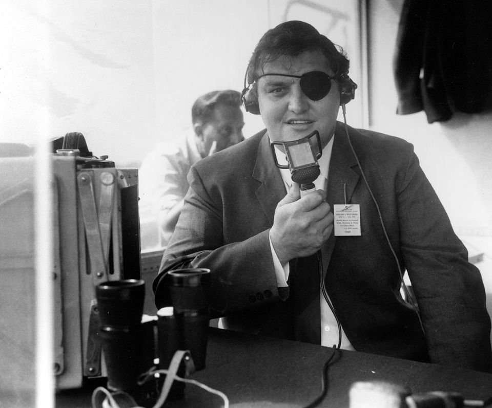 Milburn commentating for the BBC in 1969, the year he lost sight in his left eye after a car accident