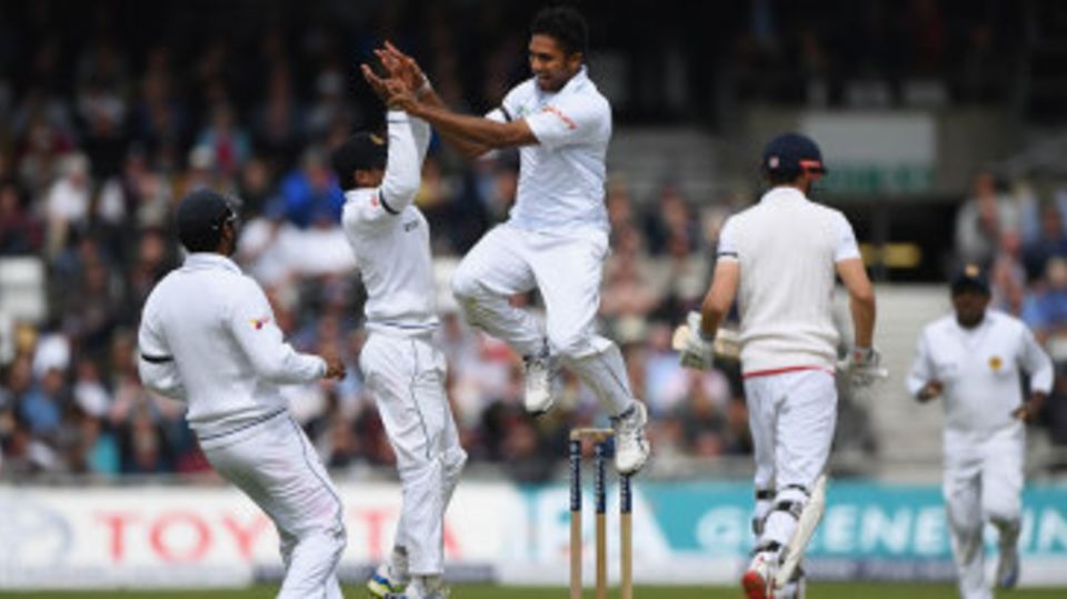 Dasun Shanaka celebrates his first Test wicket