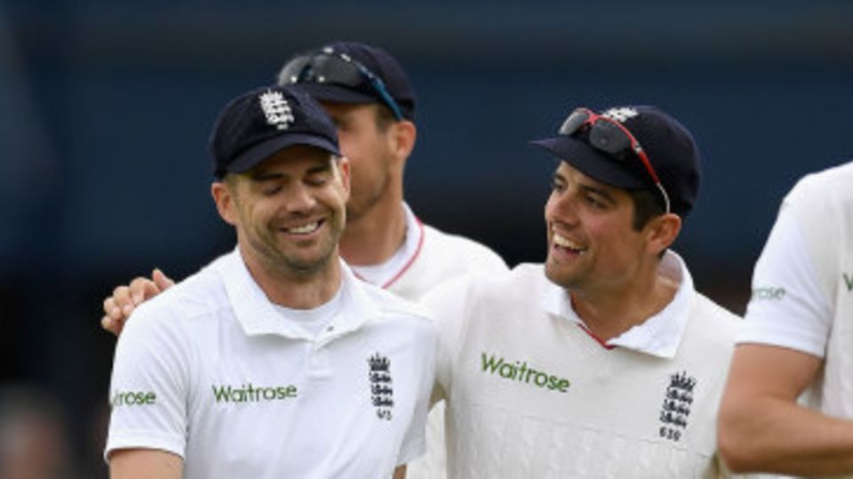 James Anderson and Alastair Cook celebrate victory in the first Test