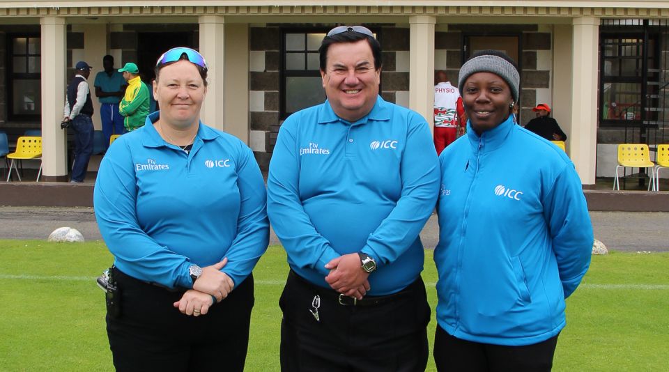 Sue Redfern (left) and Jacqueline Williams (right) were the first female umpires to stand in a men's ICC tournament match, when they officiated in the Nigeria v Oman ICC World Cricket League Division Five game in May 2016
