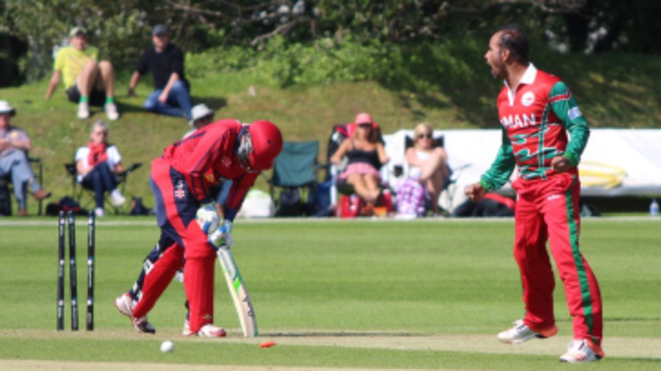 Munis Ansari yorks Peter Gough for the first of his five wickets