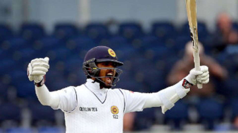 Dinesh Chandimal celebrates his century