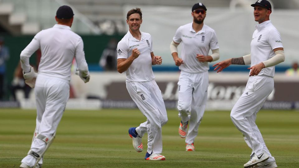 Chris Woakes got his second of the day when Angelo Mathews was caught at slip