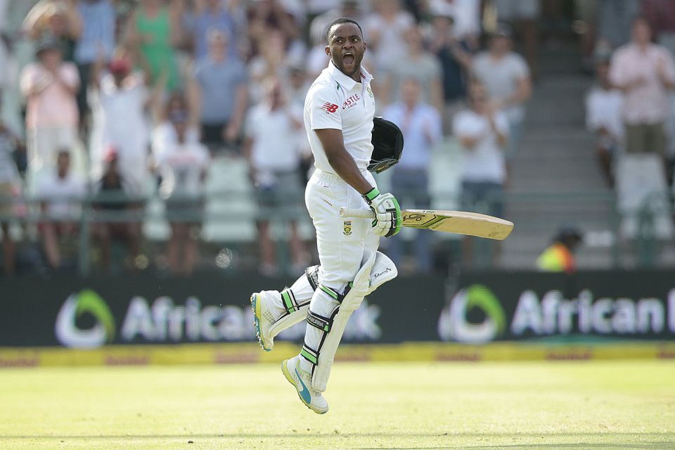 Temba Bavuma celebrates his century at Newlands, the first by a black South African in 226 Tests since readmission