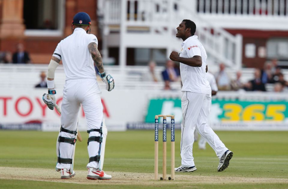 With Hales nearing a maiden Test century, Angelo Mathews came on and trapped him lbw for 94