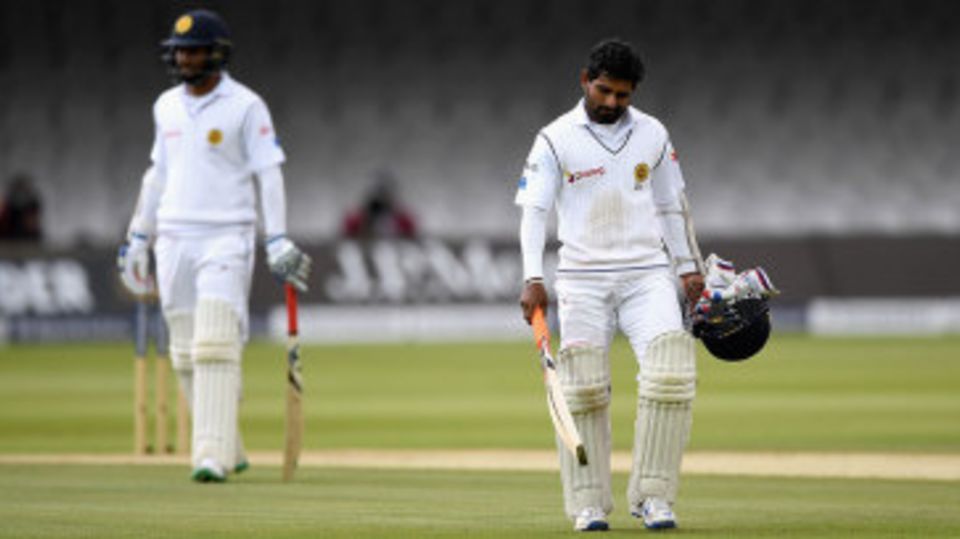 Kaushal Silva trudges back after falling lbw for 16