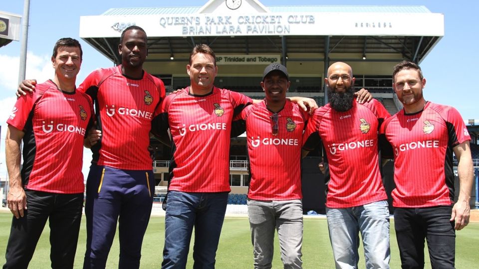 Trinbago Knight Riders' big guns pose for a photo. Jacques Kallis (third from left) is also coach of Kolkata Knight Riders, and could possibly be involved in Knight Riders' Cape Town franchise as well
