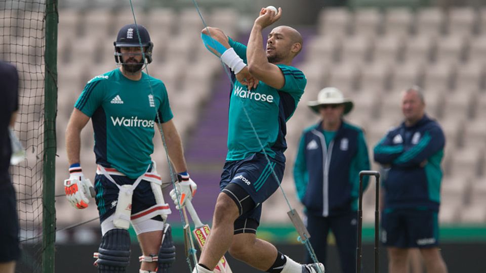 Tymal Mills steams in during a net session