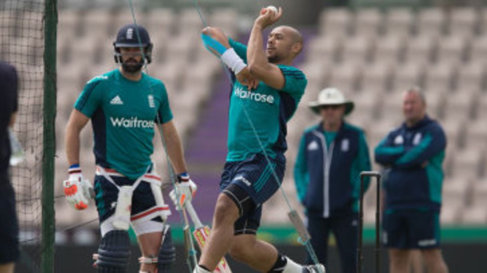 Tymal Mills steams in during a net session