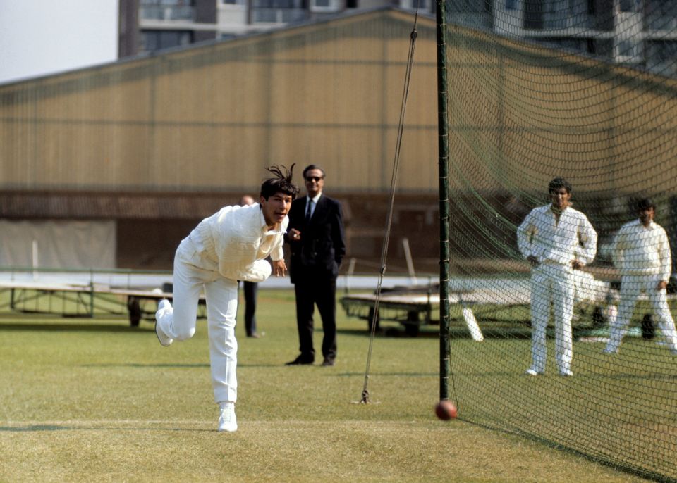 An 18-year-old Imran Khan bowls in the nets during Pakistan's 1971 tour of England