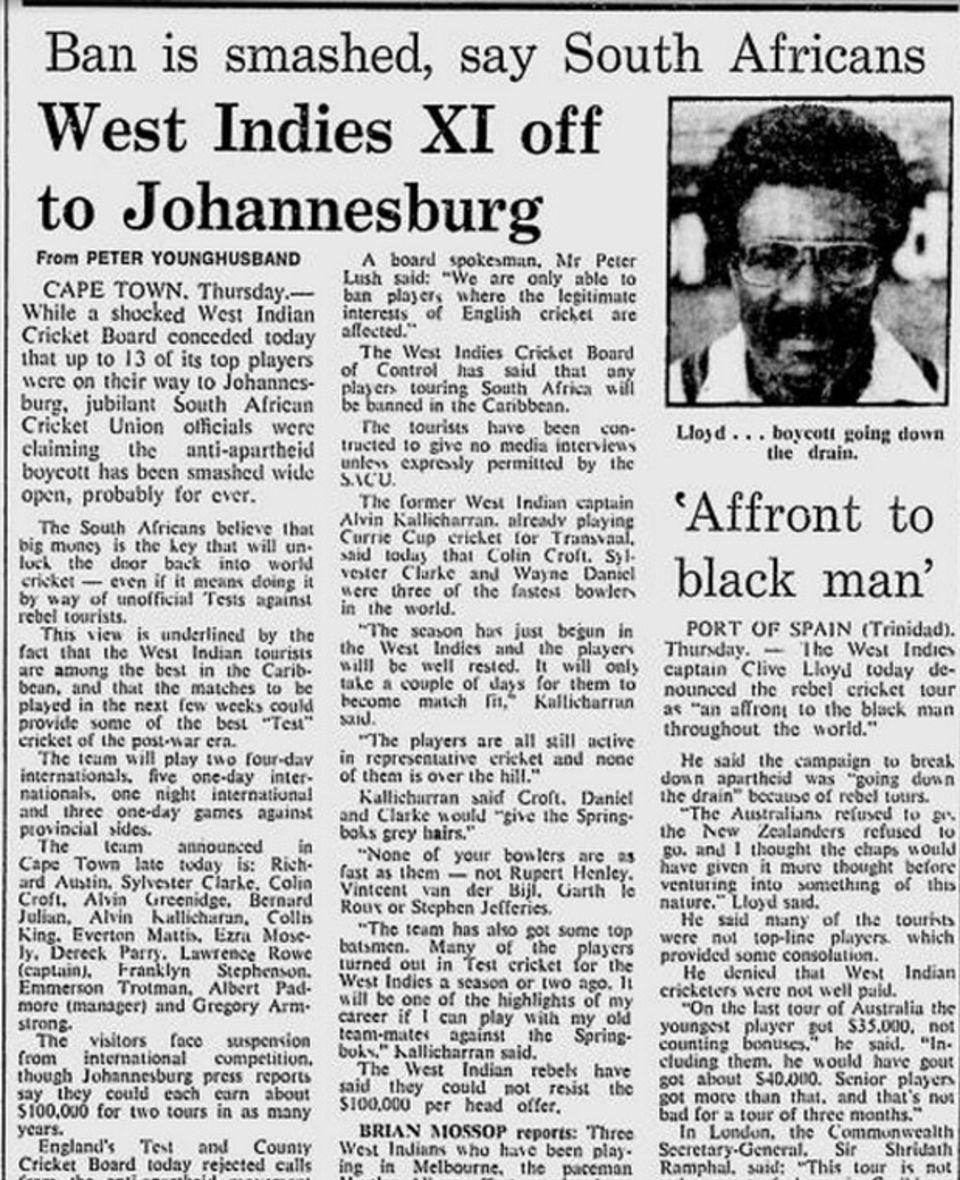 A 1983 news report on West Indies players choosing to tour apartheid South Africa