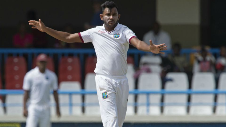 Legspinner Devendra Bishoo struck in the first over of the second session to dismiss Pujara for 16