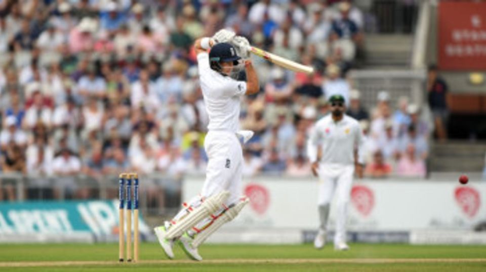 Joe Root drives off the back foot on the second morning